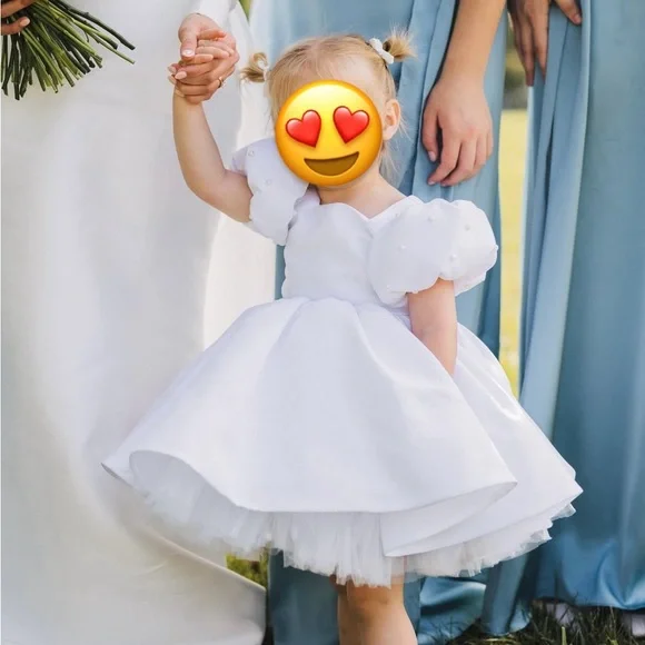 Satin White Flower Girl Puff Sleeve Dress- 2T Made in Ukraine - Picture 11 of 12